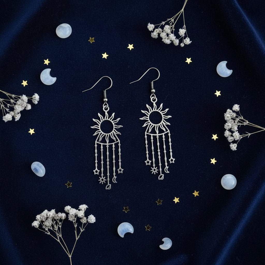 Orecchini Sole Luna Stelle flat lay velluto blu notte