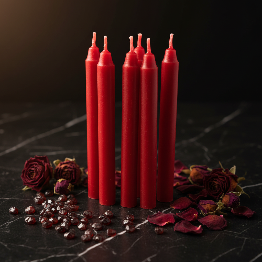 5 candele rosse per rituali su marmo nero con cristalli