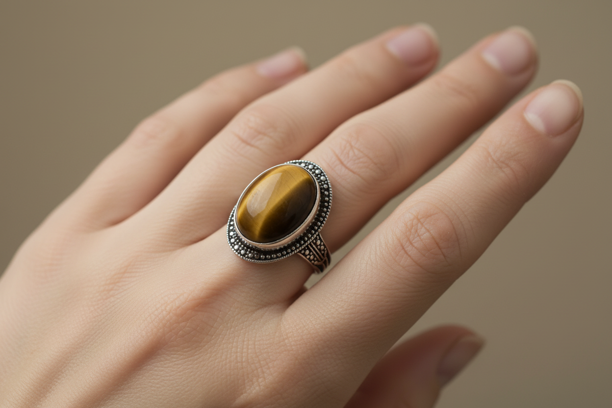 Anello occhio di tigre indossato - luce naturale