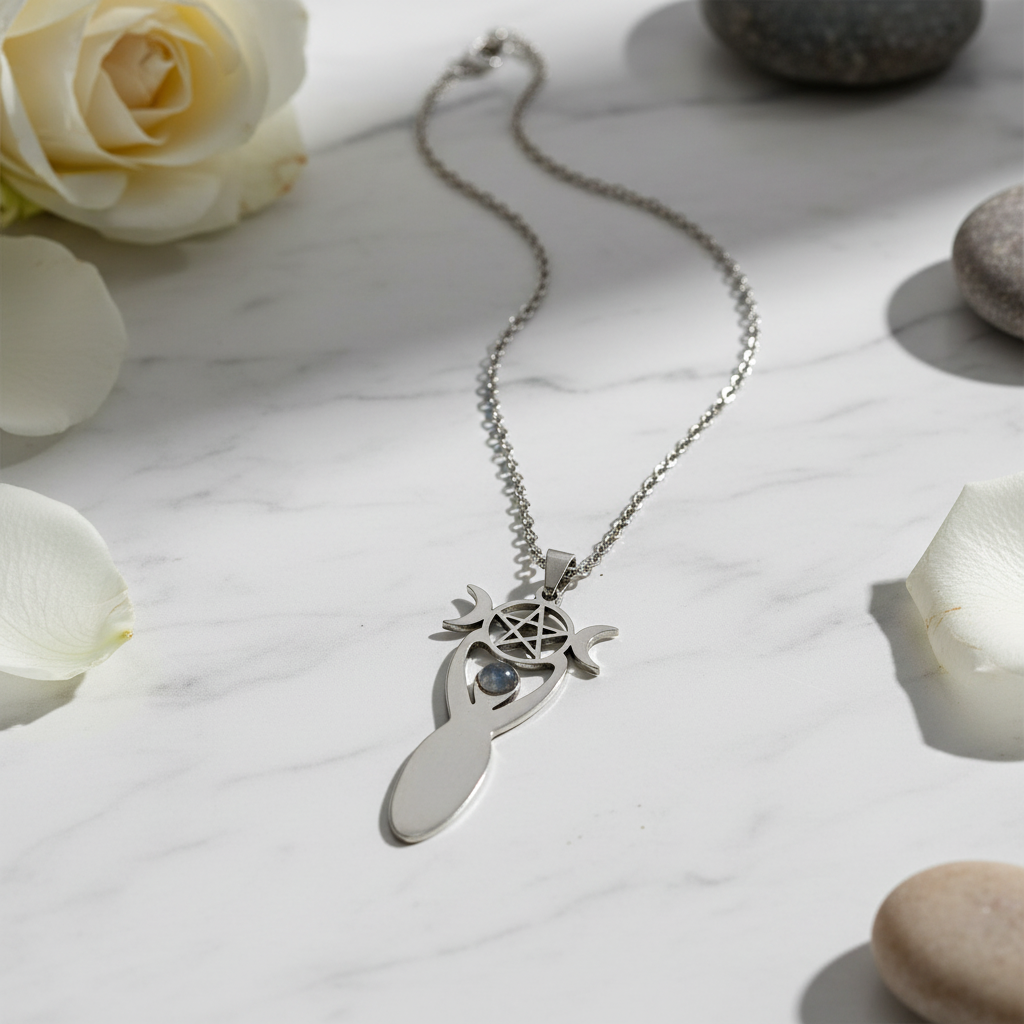 Collana Dea Madre Terra con Triplice Luna e Pentacolo su marmo bianco