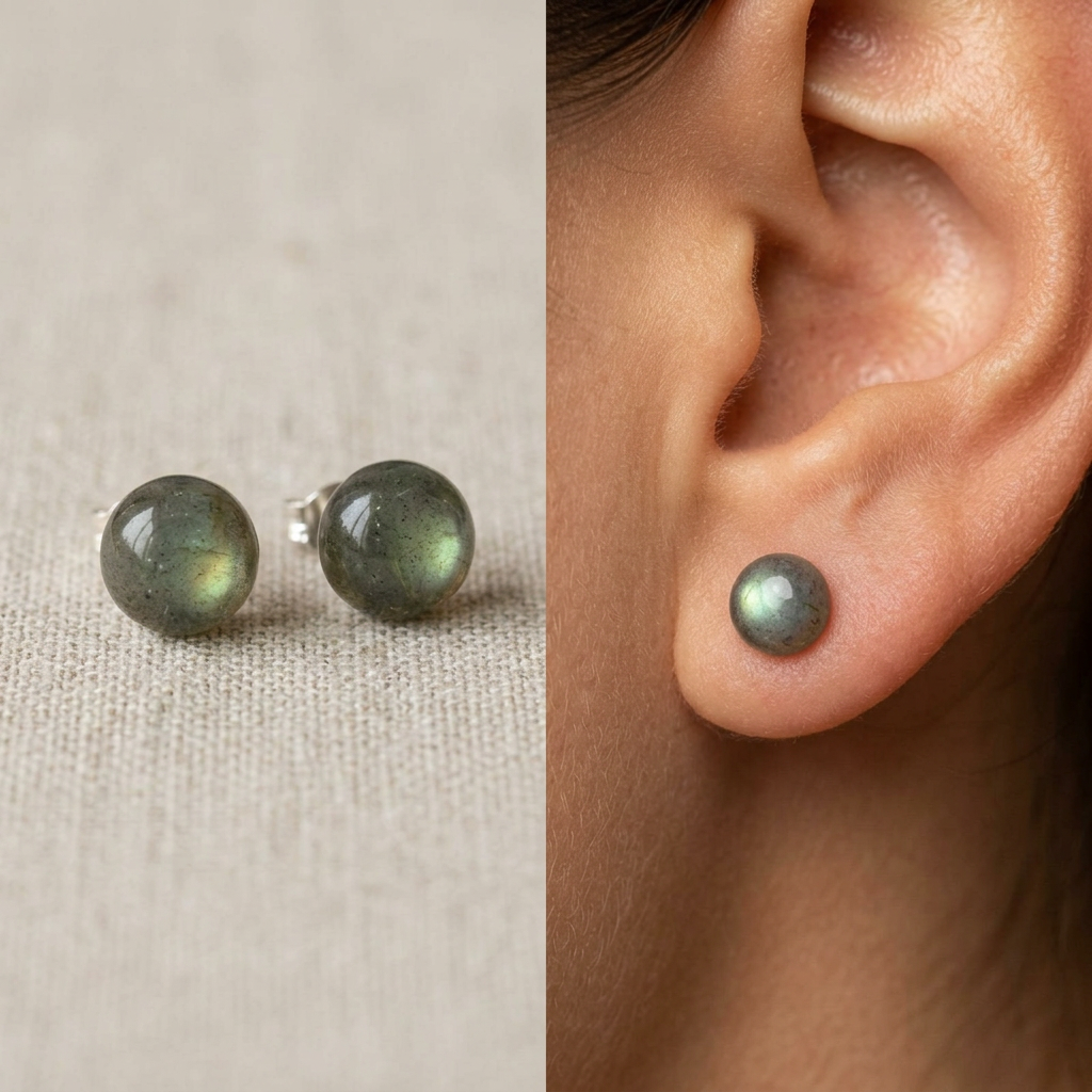 Orecchini in labradorite verde su lino