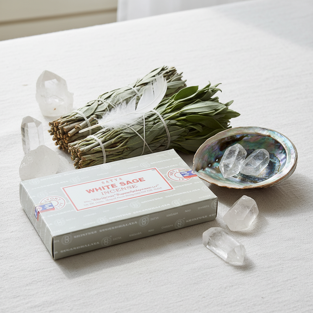 Satya White Sage - composizione con cristalli