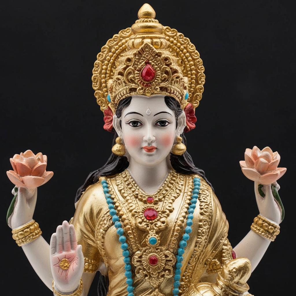 Macro dettaglio viso e gioielli statua Lakshmi stante
