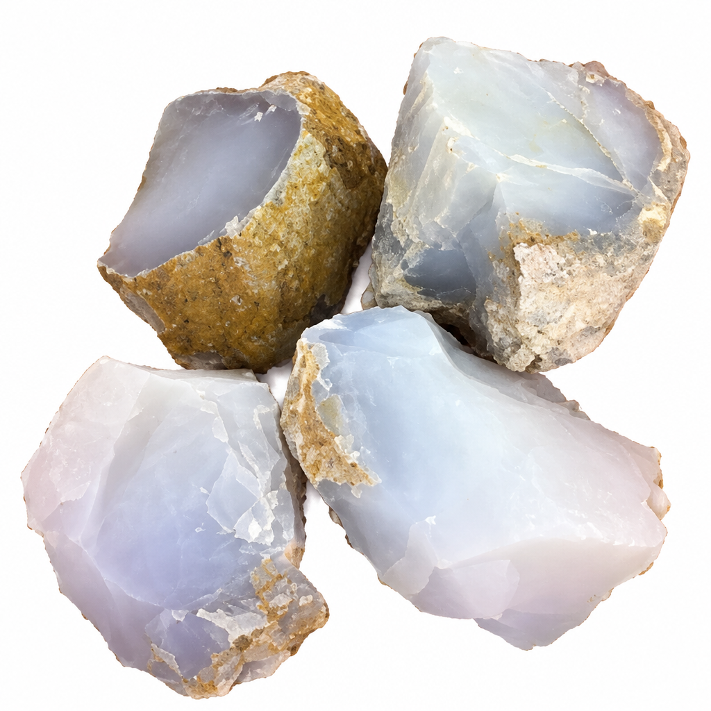 Calcedonio blu grezzo su fondo bianco