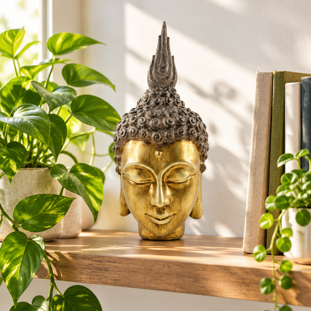 Testa di Buddha su mensola con piante e libri