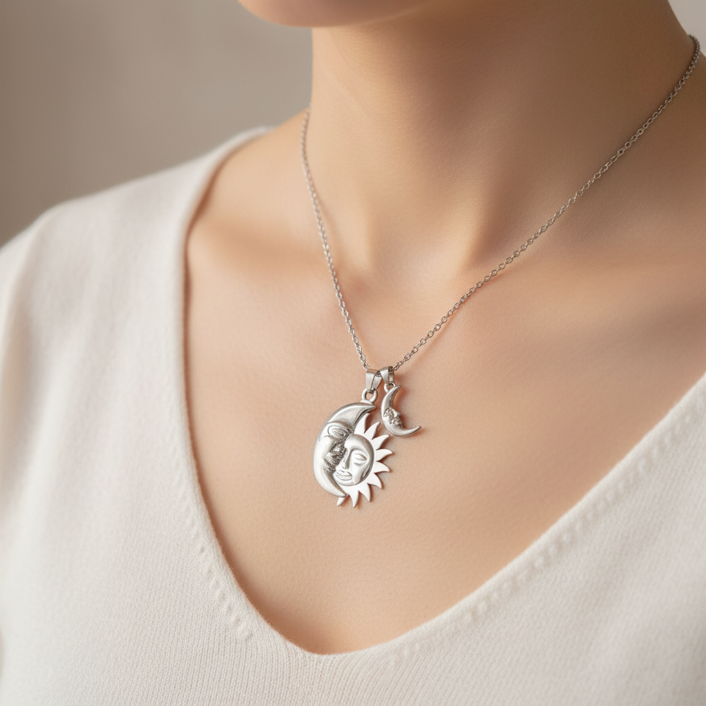 Collana Sole e Luna silver indossata al collo