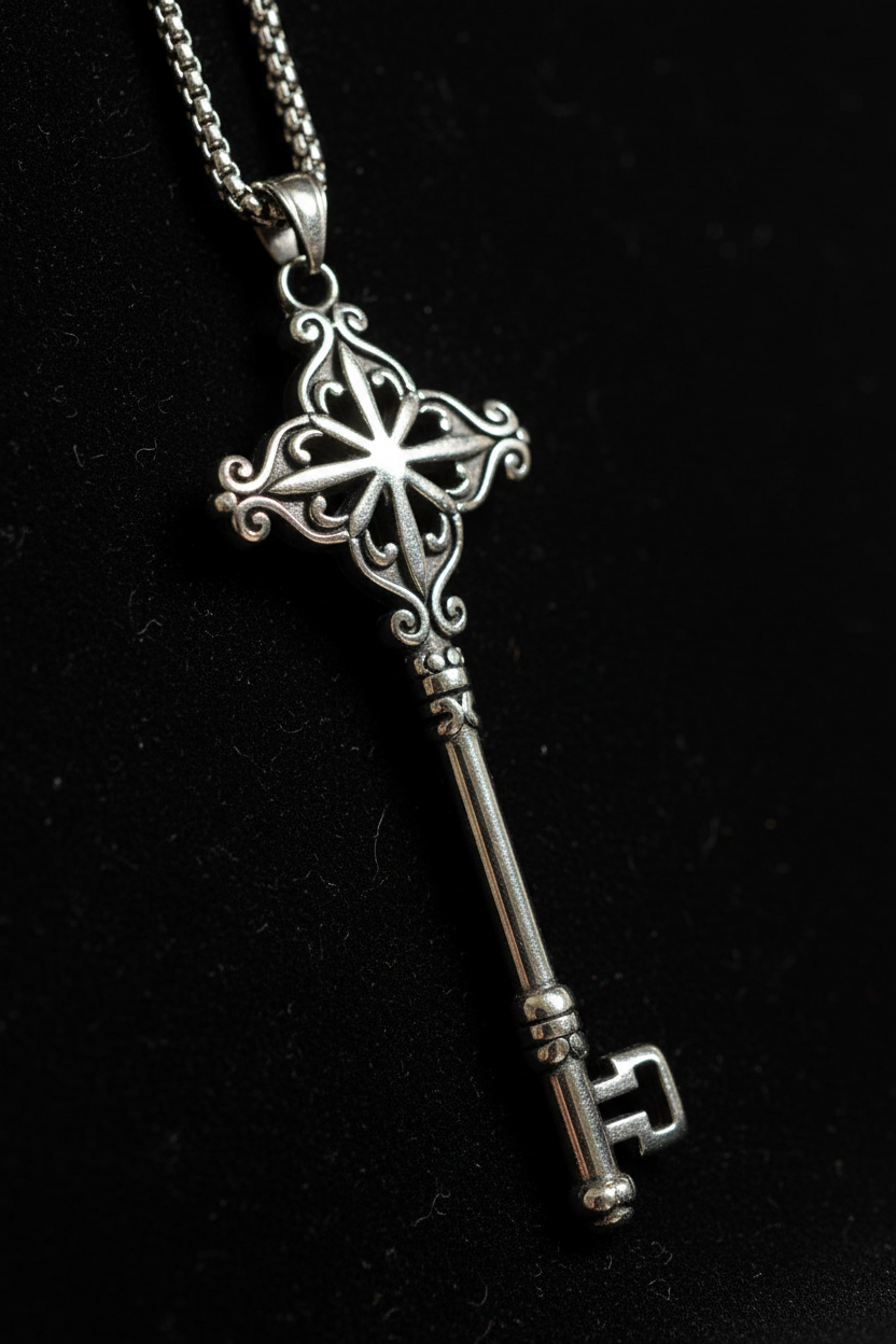 Close-up ciondolo chiave gotica su velluto scuro