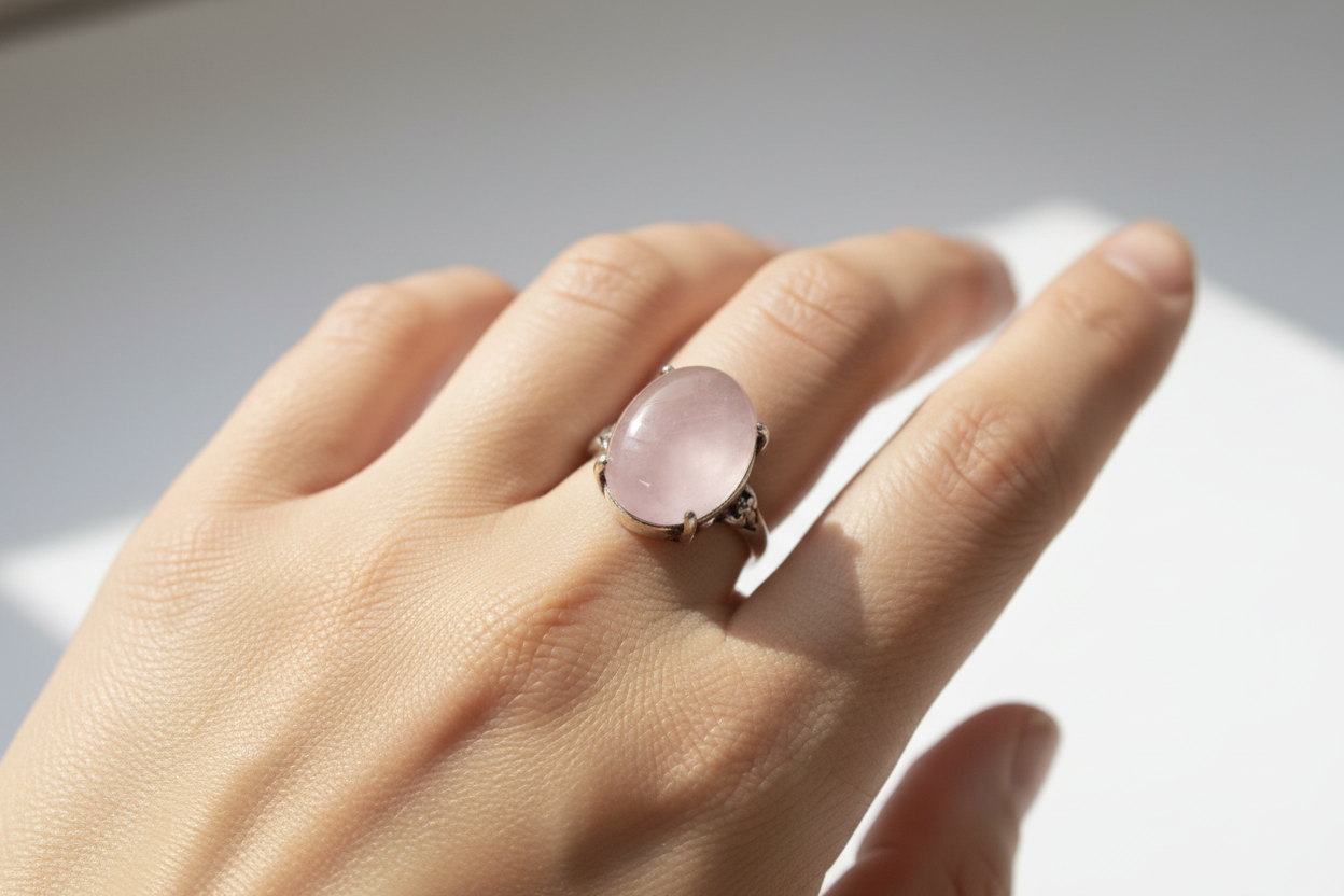 Anello quarzo rosa indossato - versione A