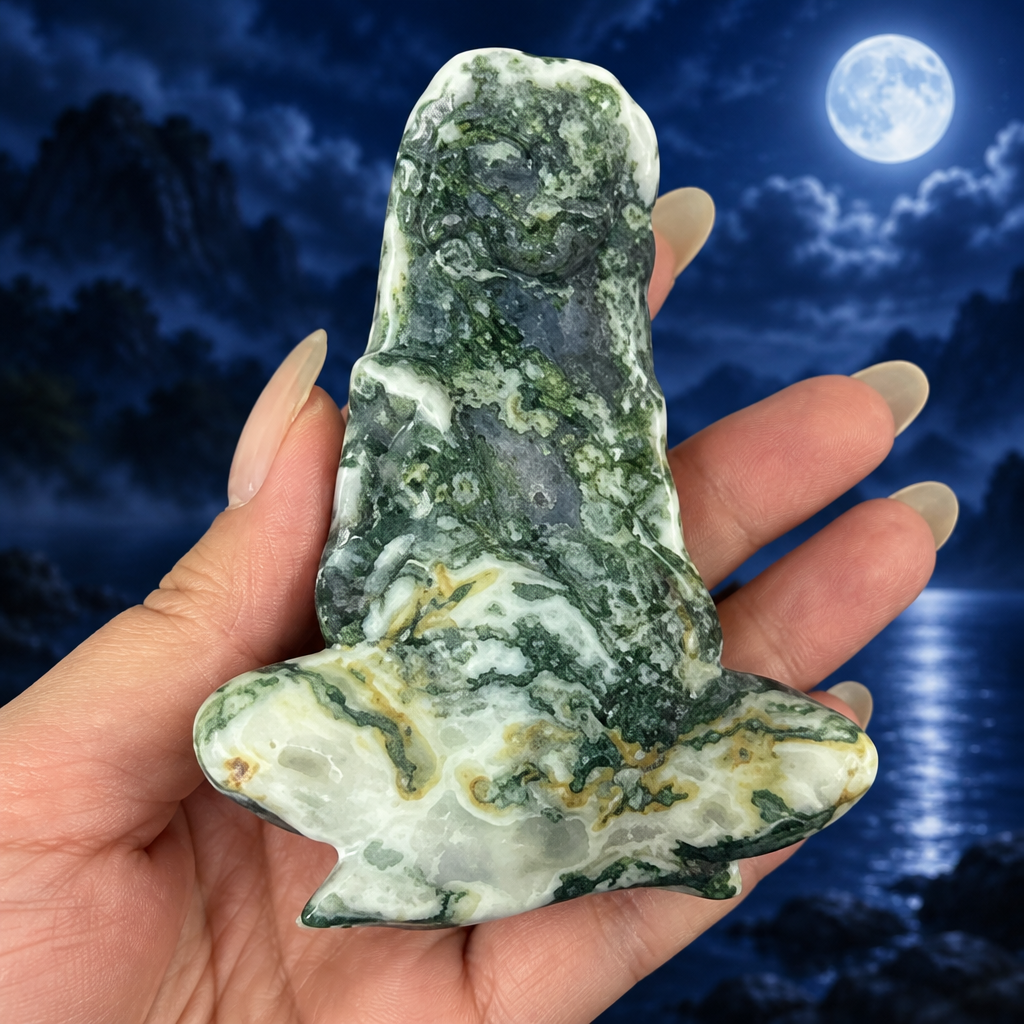 Madre Terra in agata muschiata in mano su blu