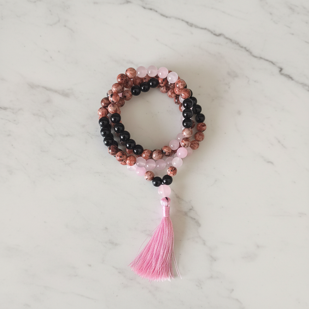 Japamala apatite africana rosa flatlay su marmo