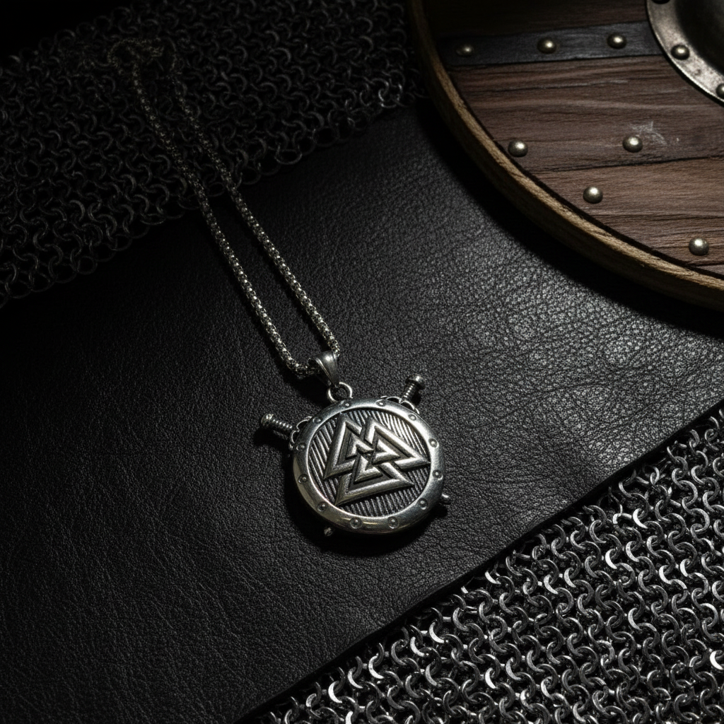Collana Valknut Vichingo - pelle e cotta di maglia