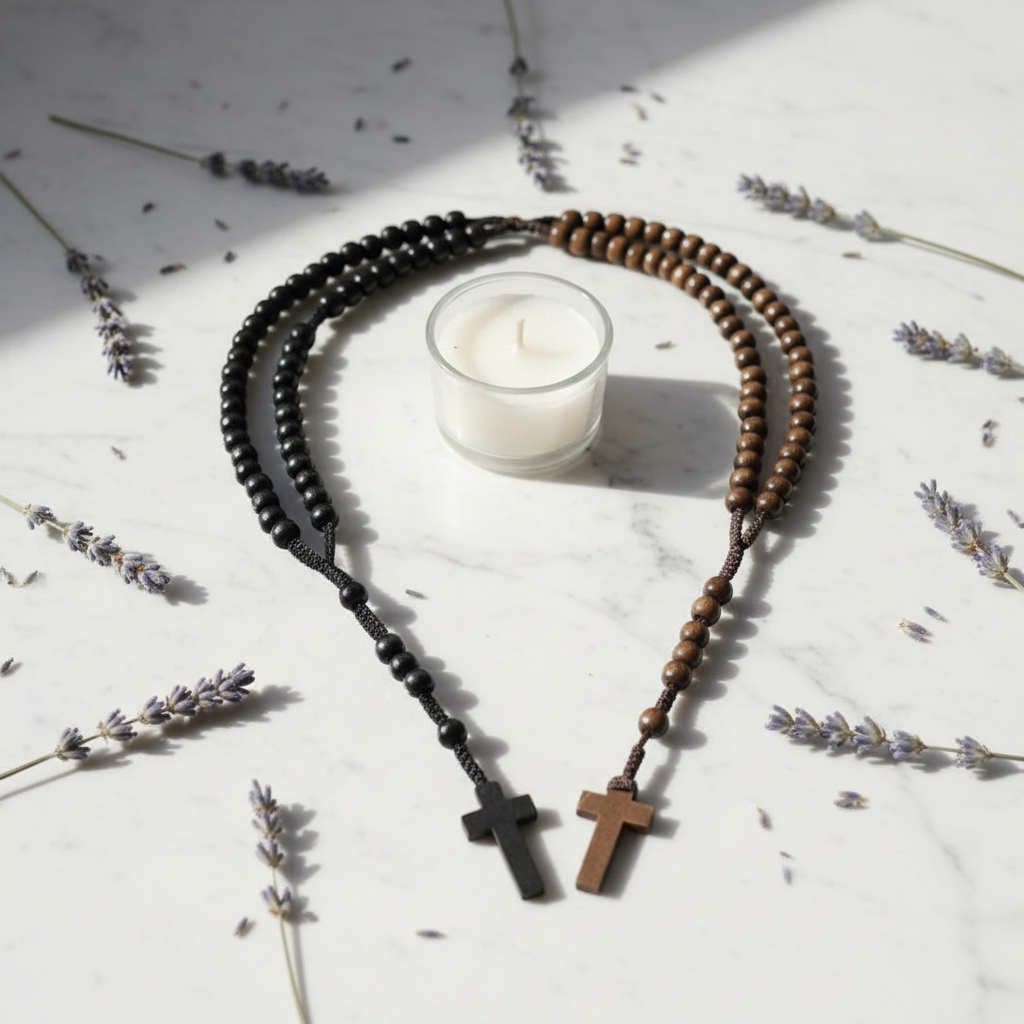 Rosario Tradizionale 90cm flat lay marmo con lavanda
