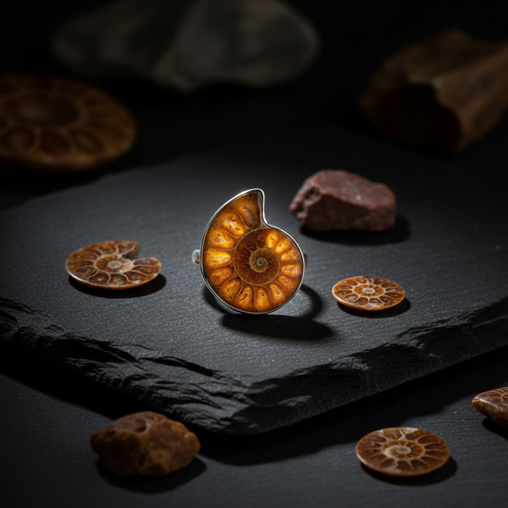 Anello ammonite su ardesia scura con fossili