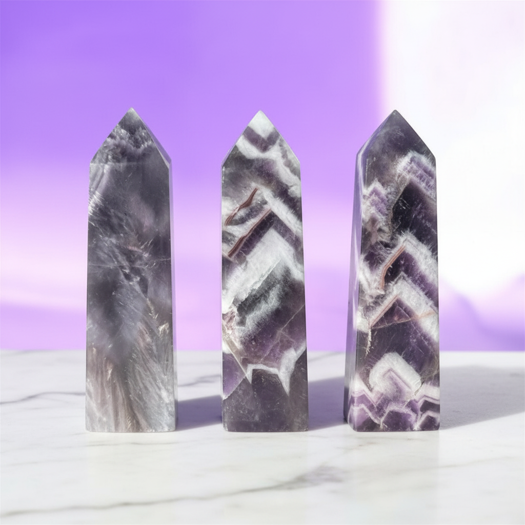 Torri di ametista chevron su sfondo marmo bianco