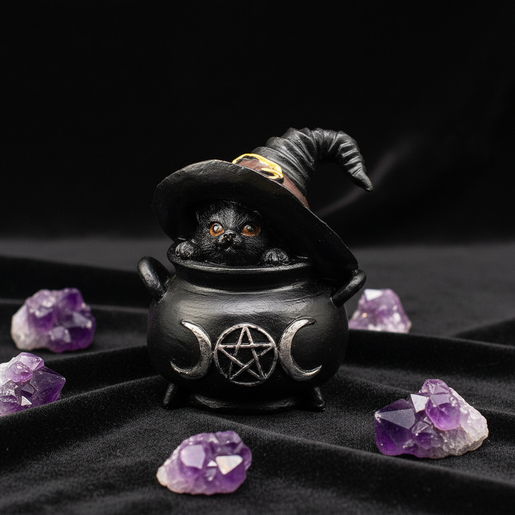 Statuina gatto Wicca con cappello nero macro su velluto nero con ametiste