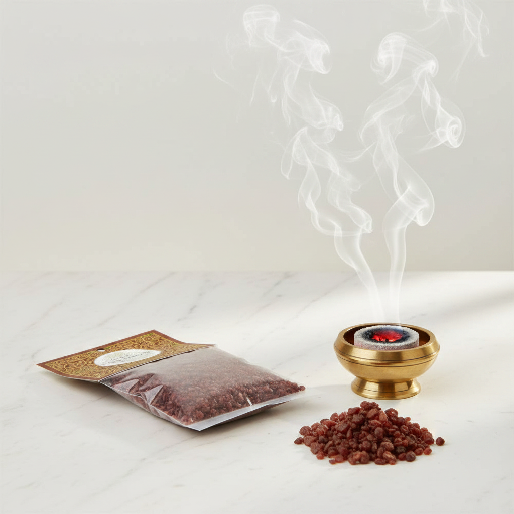 Resina sandalo Goloka - con bruciatore acceso e fumo aromatico