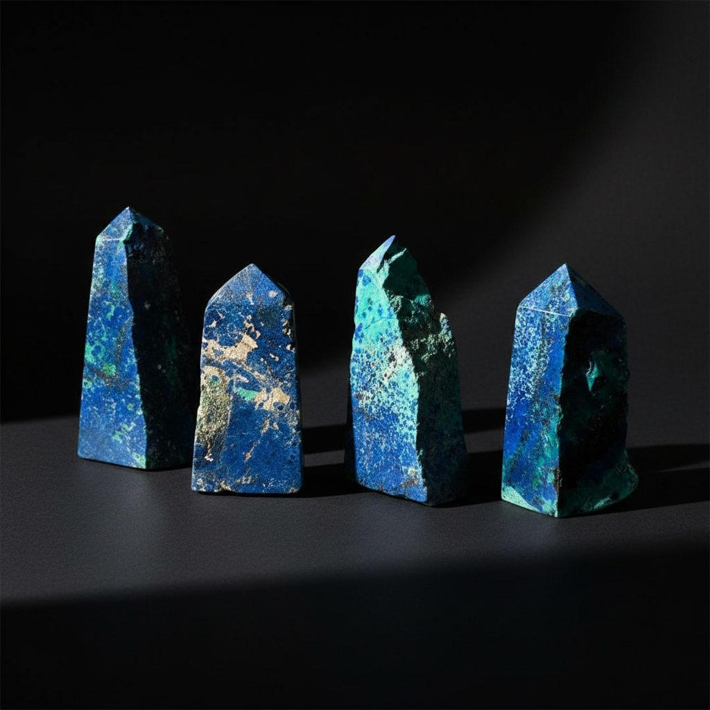 Torri di azzurrite e malachite su sfondo nero opaco