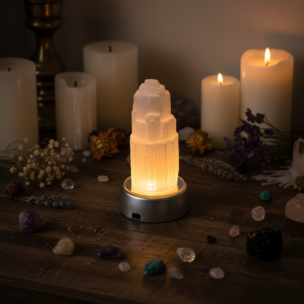 Altare con selenite su base LED dorata