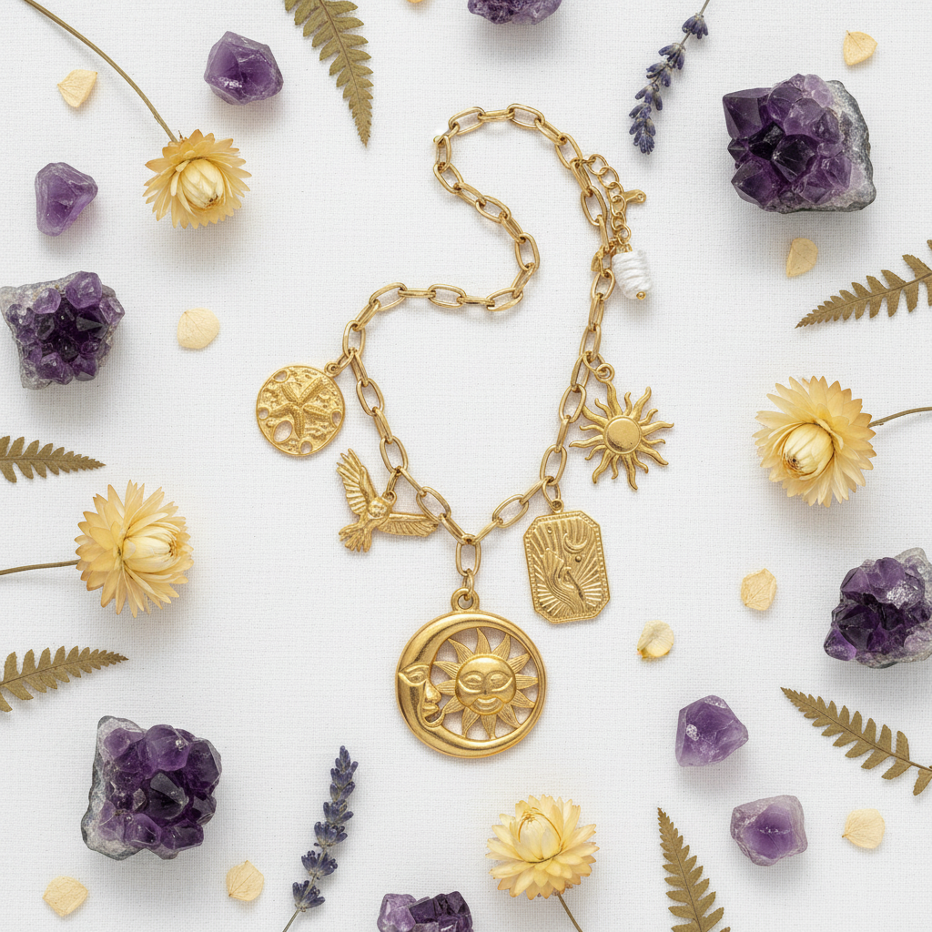 Collana Sole e Luna - flat lay con cristalli