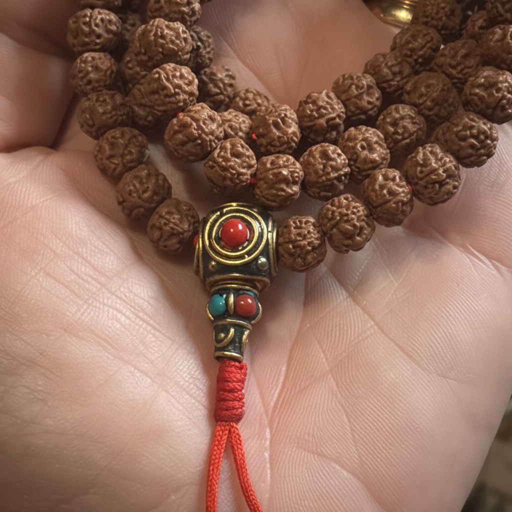 Japamala rudraksha guru bead tibetana dorata - macro close-up