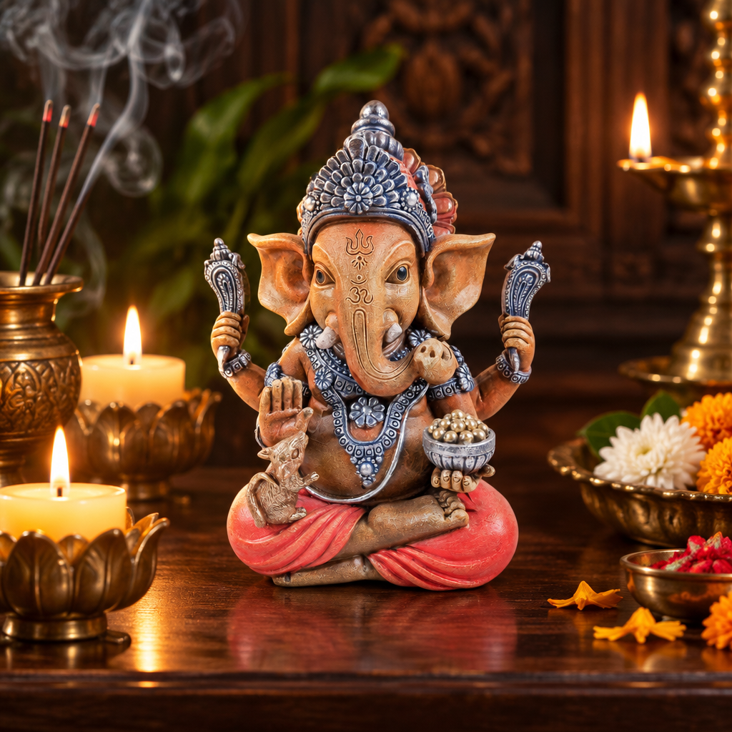 Statua di Ganesh in resina su altare con candele e incenso
