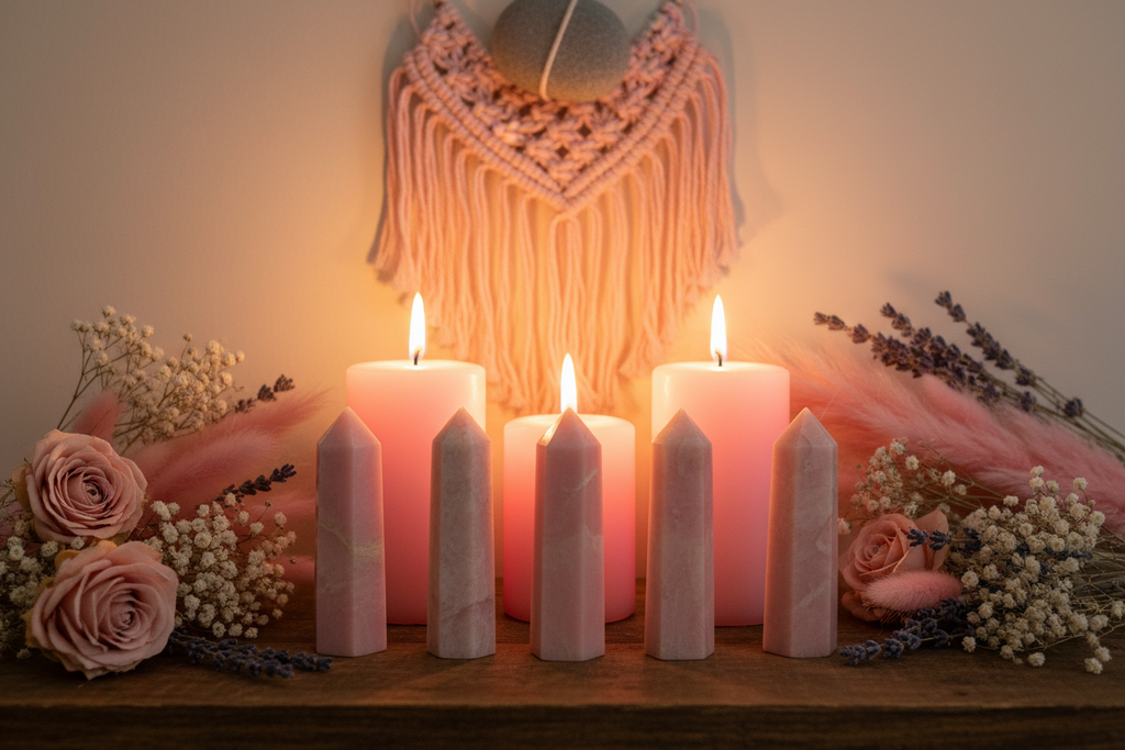 Obelischi opale rosa su altare con candele rosa