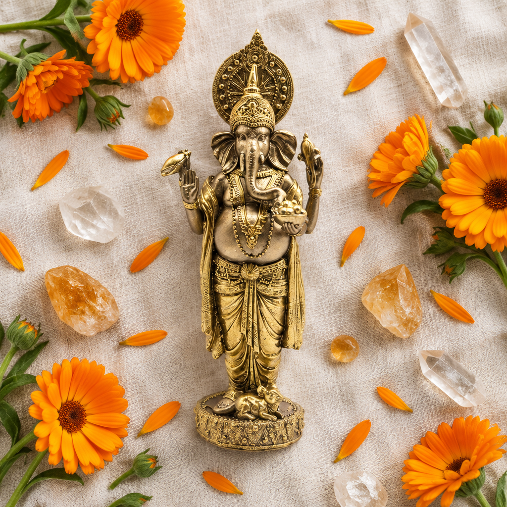 Statua di Ganesh in resina su lino con fiori arancioni e cristalli