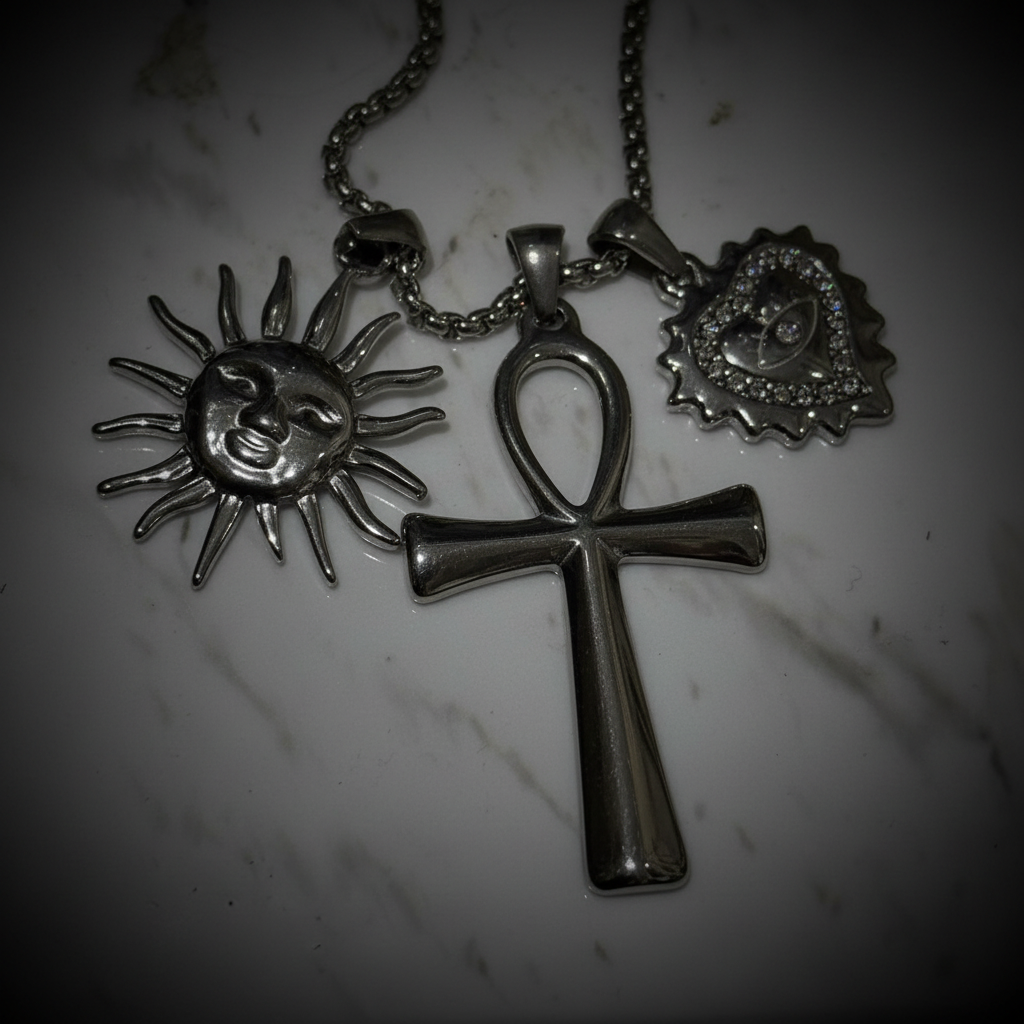 Collana Egypt acciaio inox - macro close-up Ankh e Sole