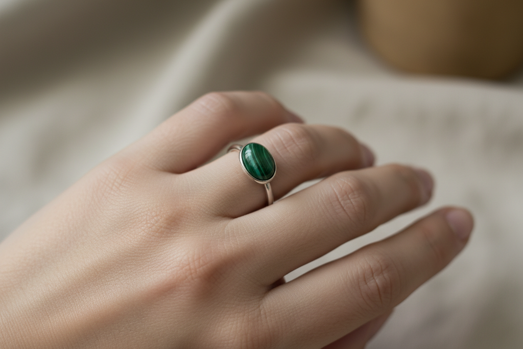 Anello malachite indossato - luce naturale