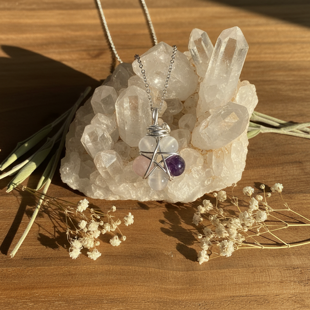 Collana pentacolo wire wrapping su cristalli grezzi e salvia