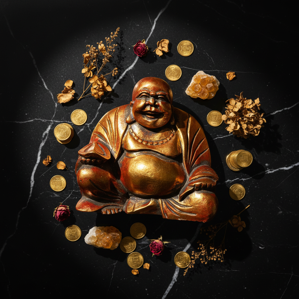 Buddha ridente grande - flatlay marmo nero con citrino e monete