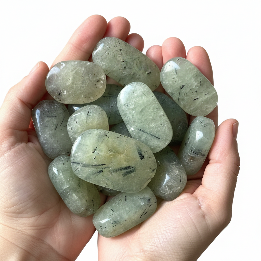 Palmstone prehnite con tormalina - mano con le pietre