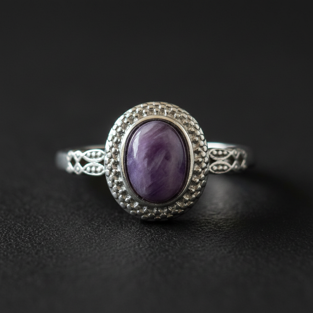 Anello charoite macro close-up