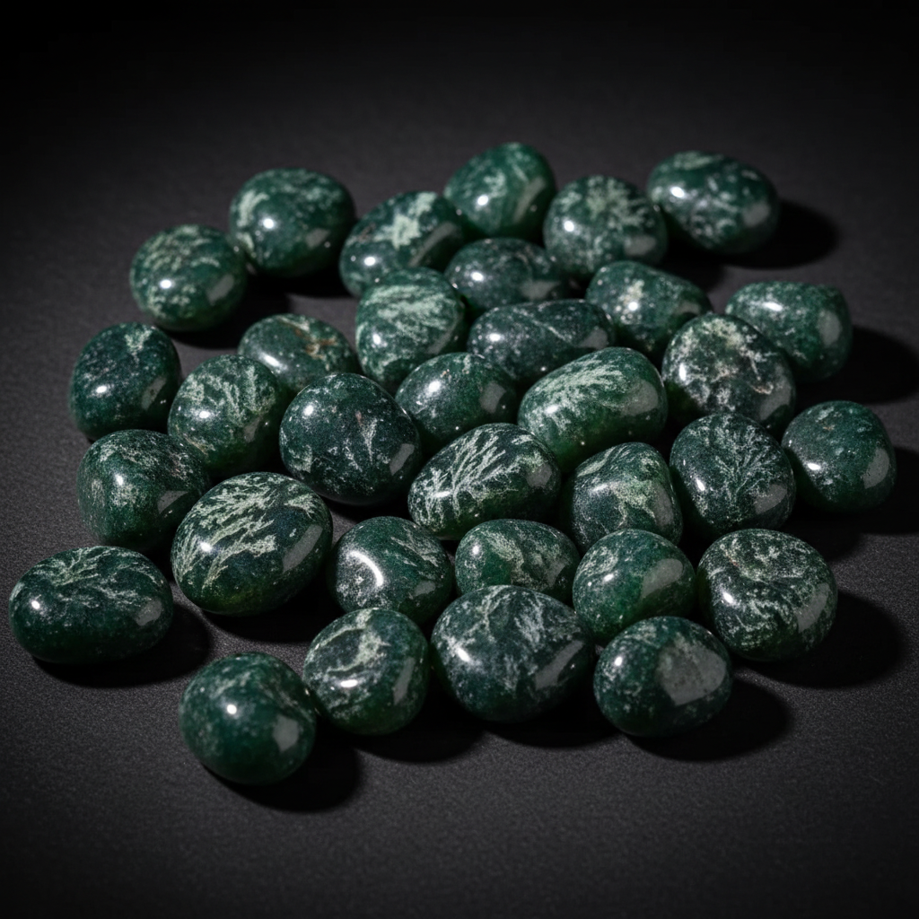 Pietre burattate di agata muschiata verde scuro su sfondo nero opaco