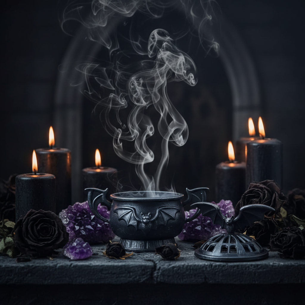 Calderone Pipistrello - altare gotico con candele e cristalli
