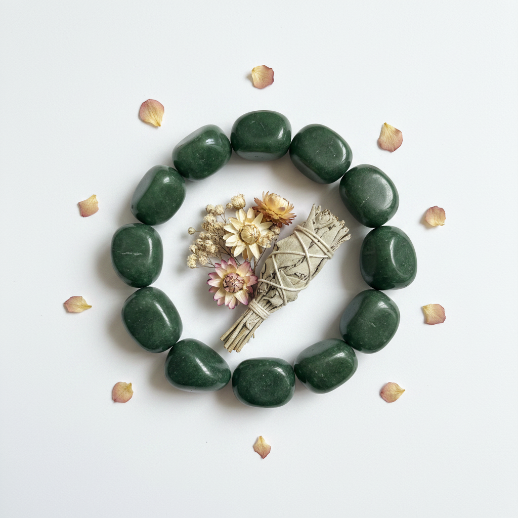 Giada verde con fiori secchi e salvia