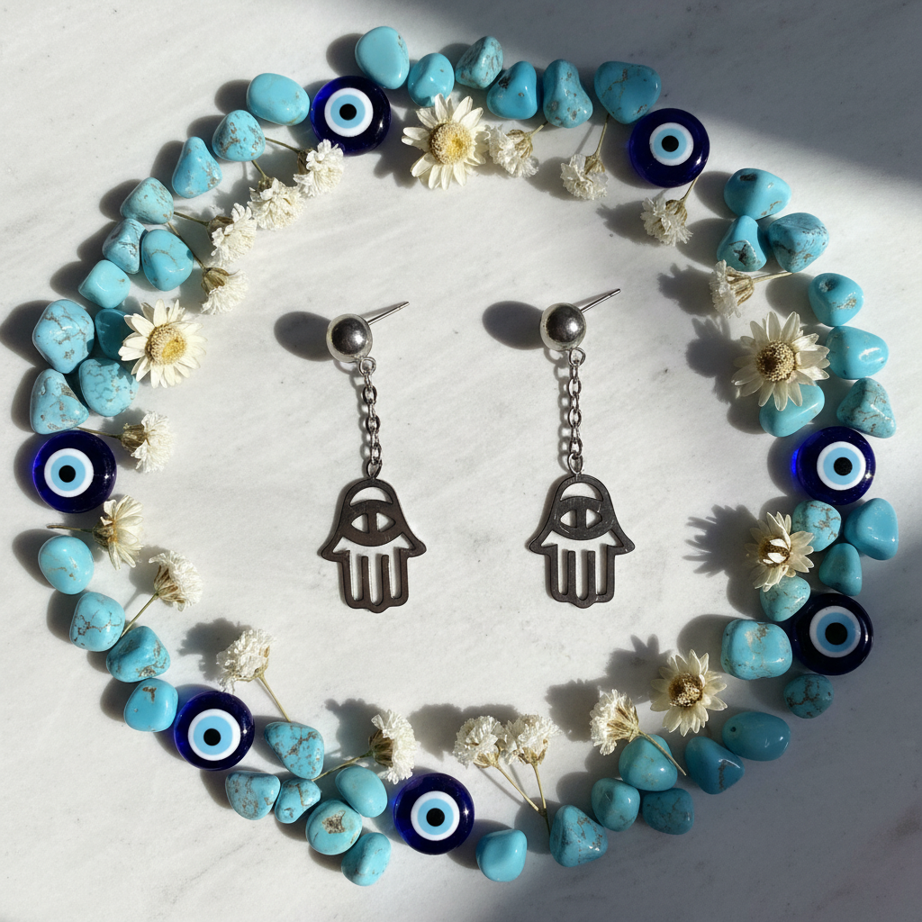 Orecchini Mano di Fatima flat lay marmo bianco