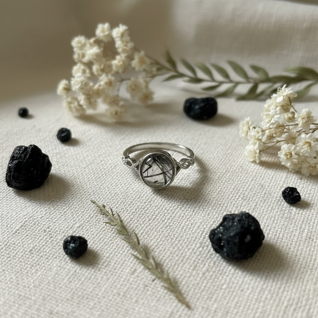 Anello quarzo tormalinato composizione fiori