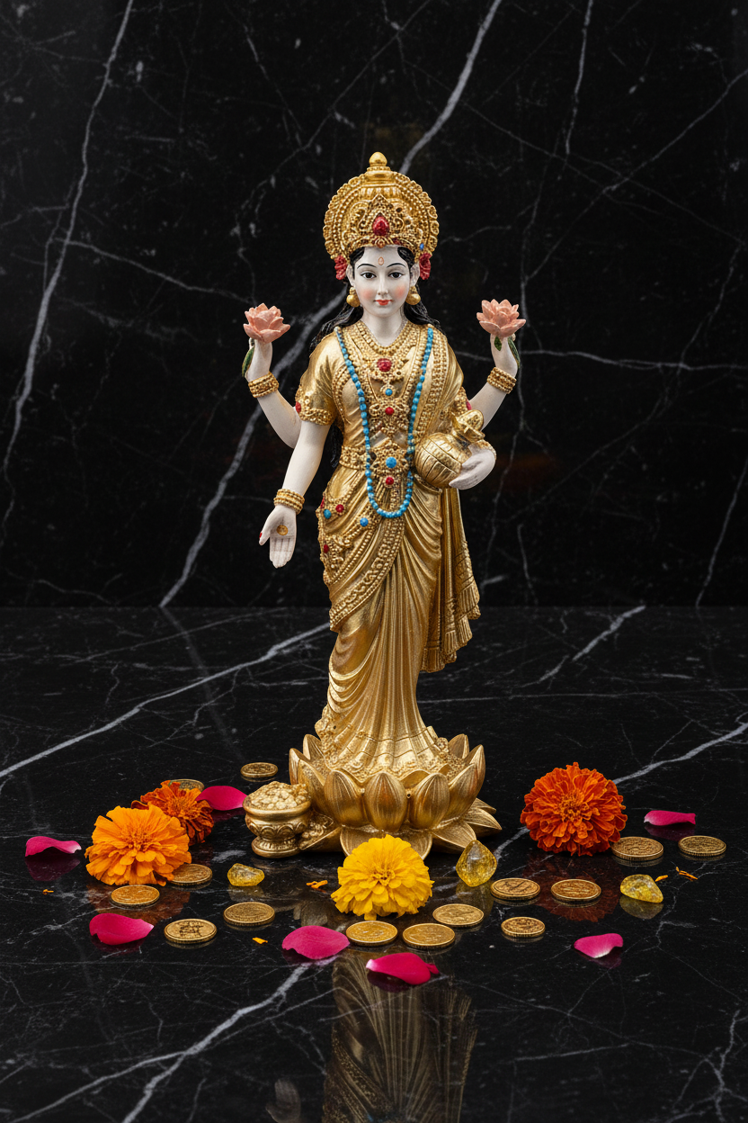 Statua Lakshmi stante full body verticale su marmo nero