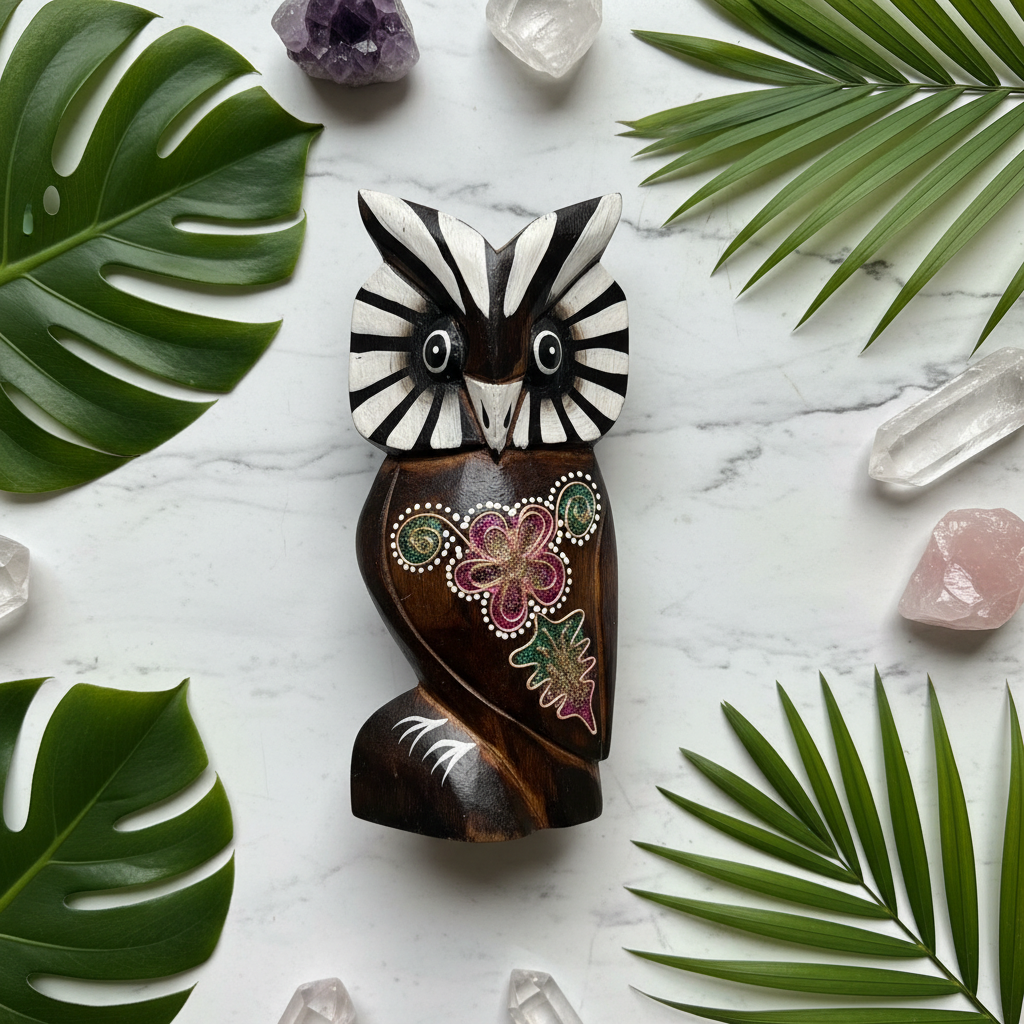 Civetta intagliata Indonesia - flatlay marmo con cristalli