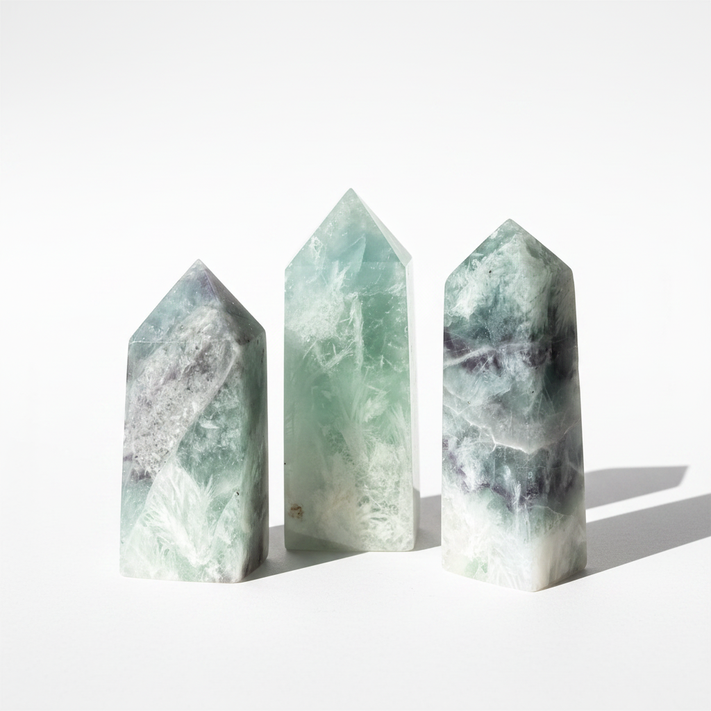 Torri di fluorite verde su sfondo bianco studio