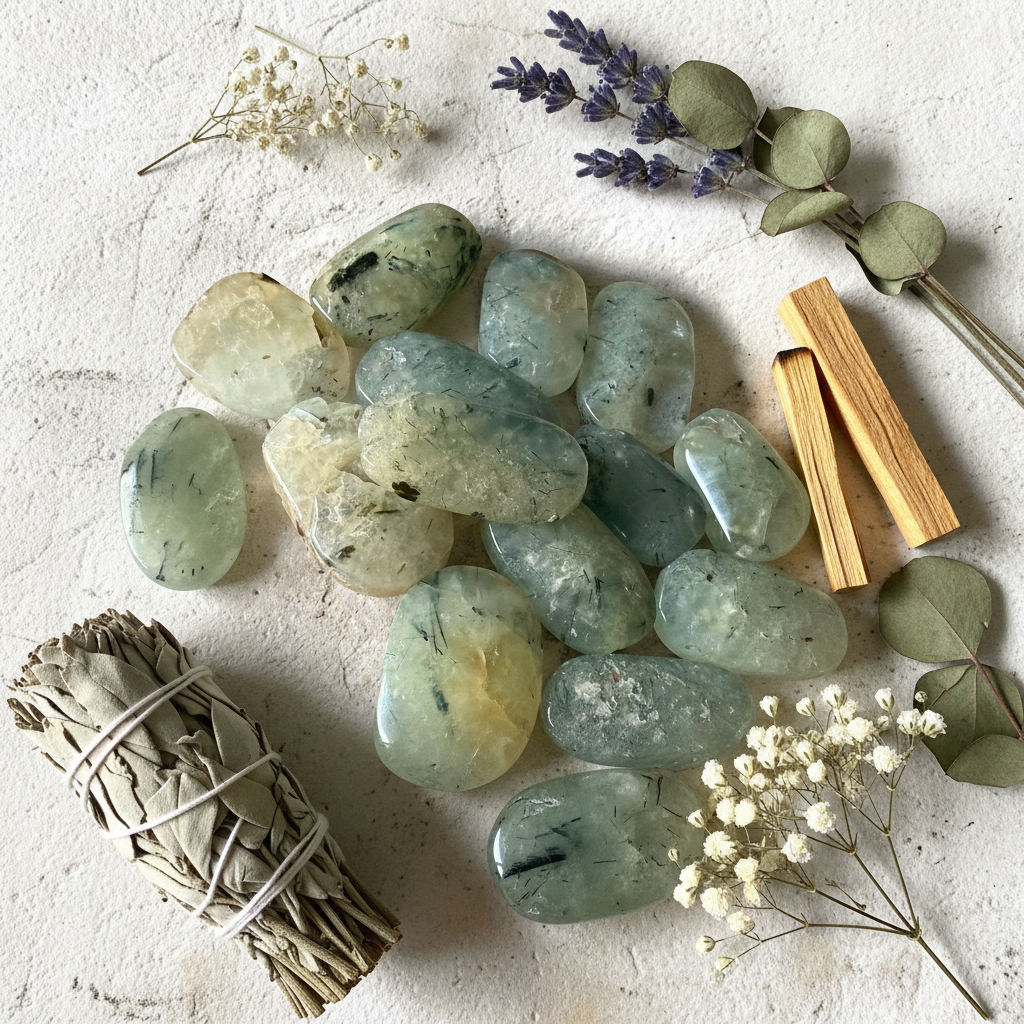 Palmstone prehnite con tormalina - composizione con fiori secchi e salvia