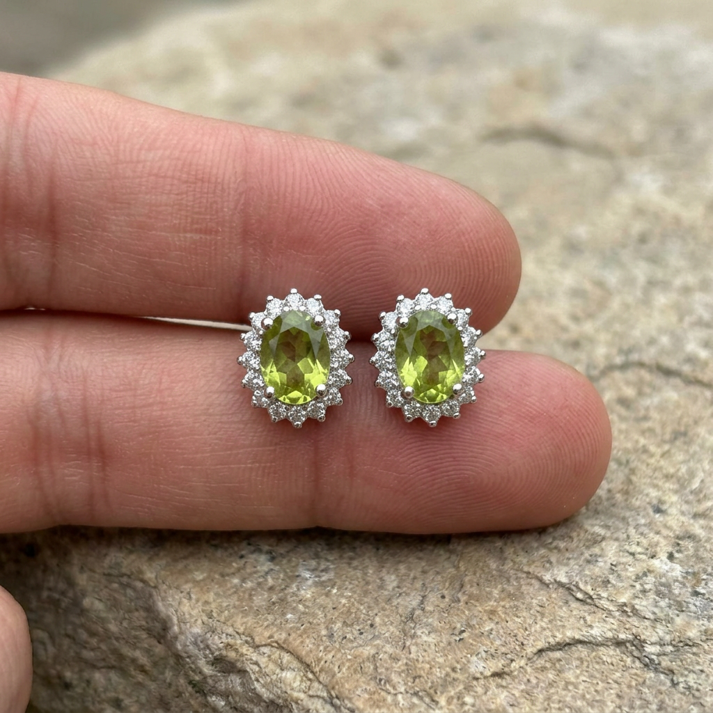 Orecchini in peridoto vicino alle dita
