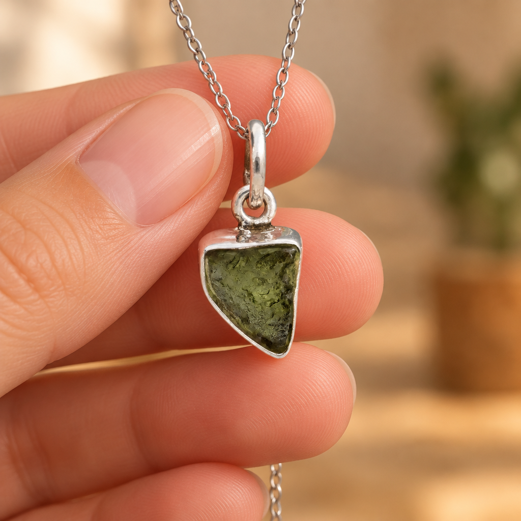 Ciondolo in moldavite e argento tenuto in mano