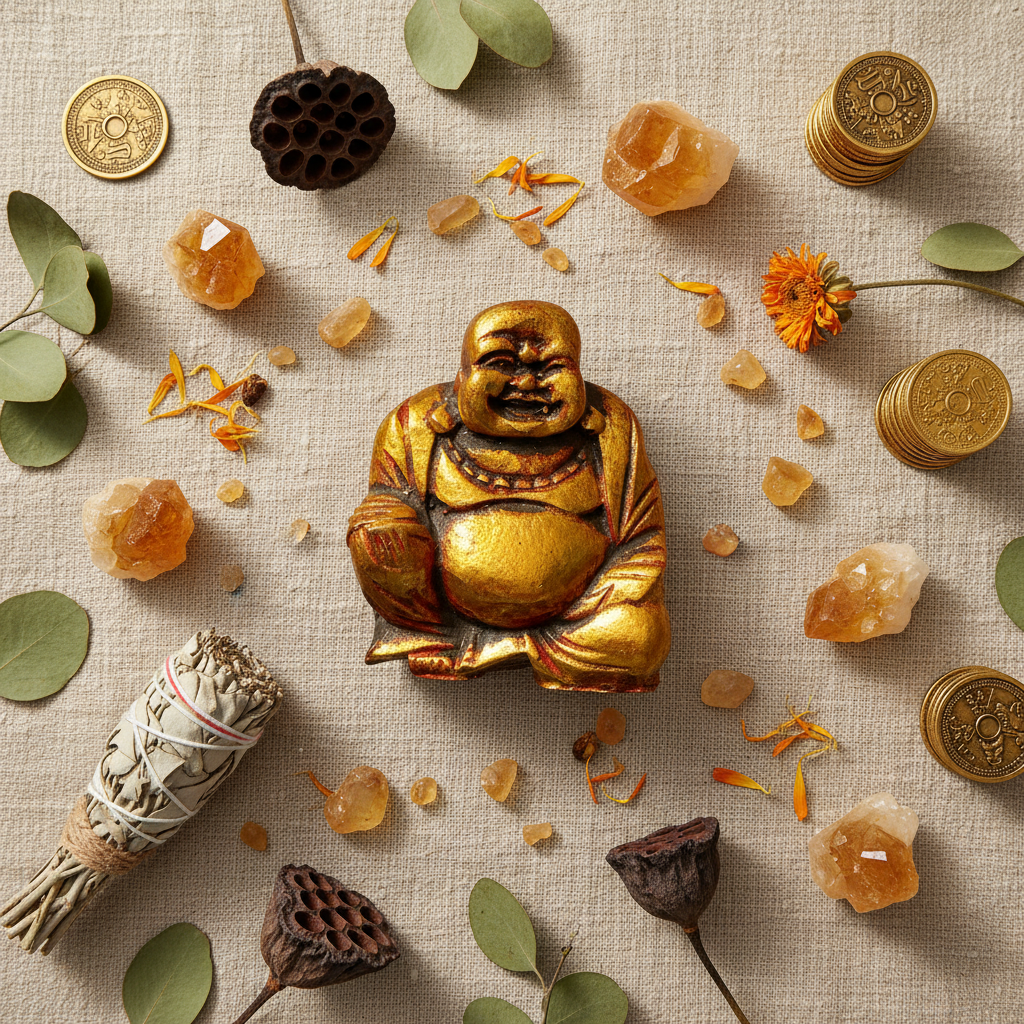 Buddha ridente legno dorato - flatlay lino con cristalli e oro