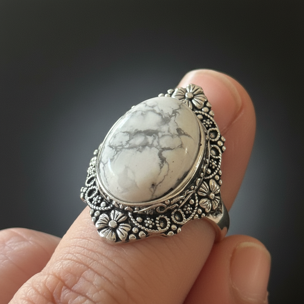 Anello howlite macro close-up