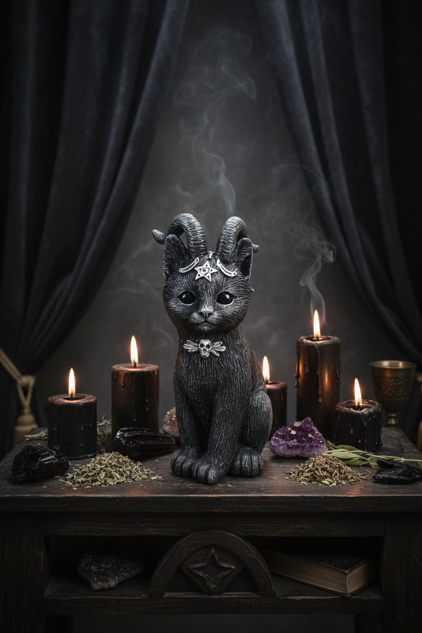 Statuina gatto Baphomet con corna - altare candele nere