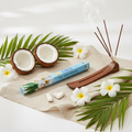 Incensi coco - lifestyle su lino con cocco e fiori tropicali