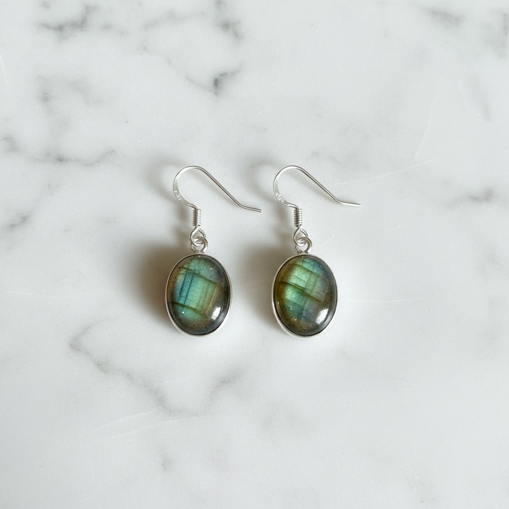 Orecchini Pendenti in Argento con Labradorite Verde Naturale
