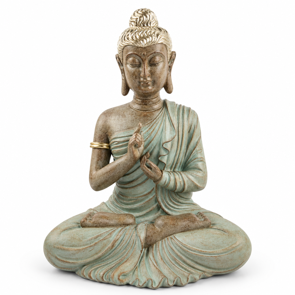 Buddha in resina su fondo bianco da studio